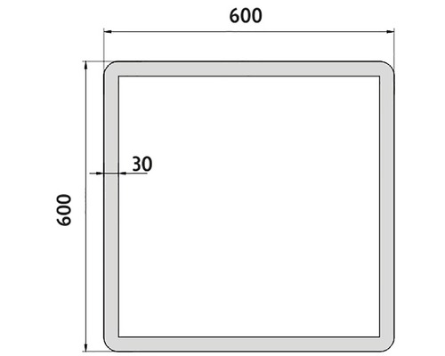 Štvorcový oceľový rúrkový profil s rozmermi 600 x 600 mm a hrúbkou steny 30 mm.