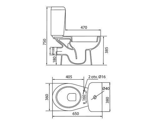 Technický nákres stojaceho WC s rozmermi