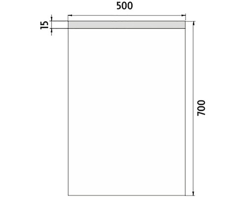 Technický výkres dosky s rozmermi 500 x 700 mm a hrúbkou 15 mm.