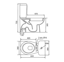 Technický nákres stojacej toalety s rozmermi