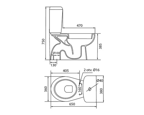 Technický nákres stojacej toalety s rozmermi