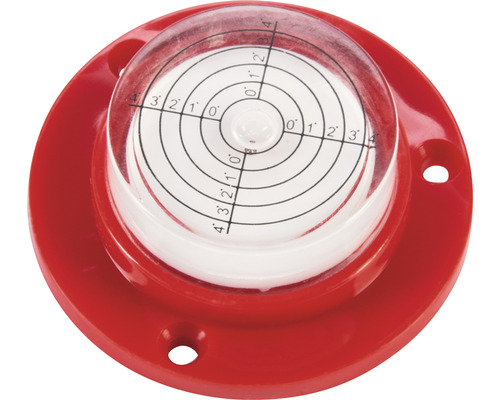 Kruhová krabicová vodováha s červenou základňou na horizontálne vyrovnávanie