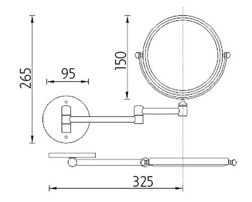Technický nákres kozmetického zrkadla s držiakom na uteráky a rozmermi