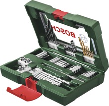 Logo Bosch na zelenej súprave vrtákov s rôznymi vrtákmi a bitmi v otvorenom kufríku