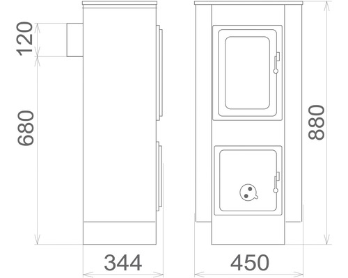 Technický nákres krbových kachlí s rozmermi.