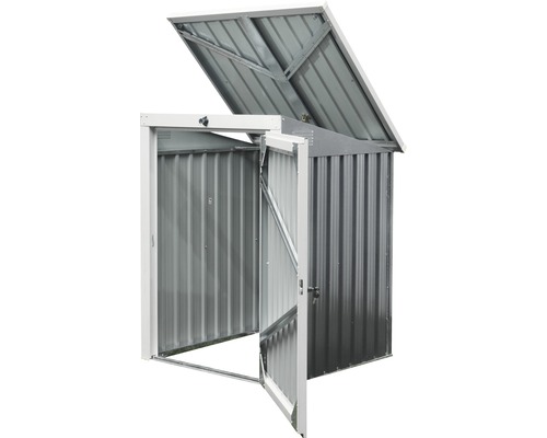 Kovová záhradná búda s otvorenými dverami a vekom
