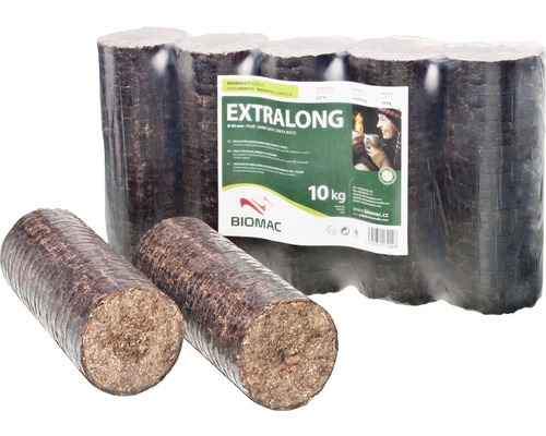 Drevené brikety Biomac Extralong valcové nočné balenie 10 kg Drevené brikety extra dlhé balené vo fólii