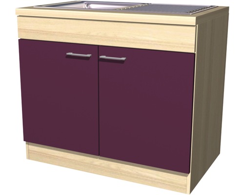 Kuchynská skrinka s drezom a pracovnou doskou Flex Well Focus šírka 100 cm dekor agát/baklažán s vypúšťacou a prepadovou súpravou