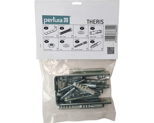 Sortiment Perlura Theris v priehľadnom obale s uholníkmi, skrutkami, maticami a hmoždinkami