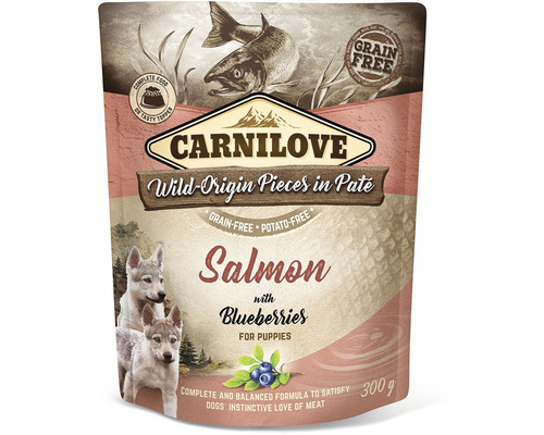 Kapsička pre psov Carnilove losos s čučoriedkami 300 g Carnilove Wild-Origin kúsky v paštéte s lososom a čučoriedkami pre šteňatá, 300 gramov, bez obilnín