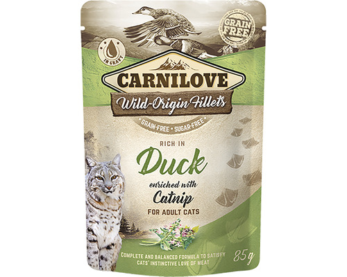 Kapsička pre mačky Carnilove Duck with Catnip 85 g Carnilove Wild Origin Fillets krmivo pre mačky s kačicou a kocúrnikom obyčajným, 85 gramov