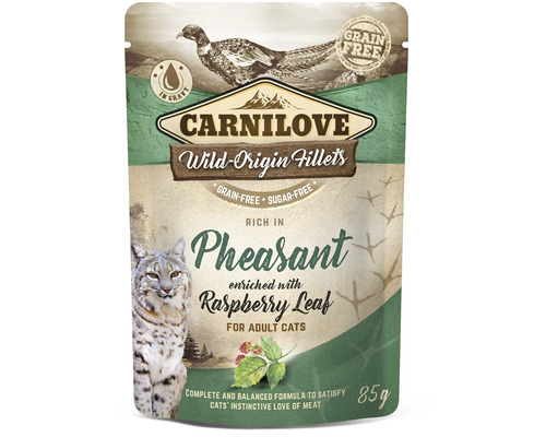 Kapsička pre mačky Carnilove Pheasant with Raspberry Leaf 85 g Carnilove Wild-Origin Fillets krmivo pre mačky s bažantom a malinovými listami, 85 g