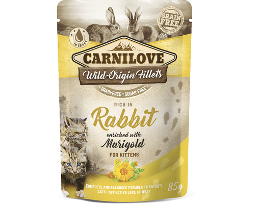 Kapsička pre mačky Carnilove Rabbit with Marigold 85 g Carnilove krmivo pre mačky Wild-Origin Fillets Králik pre mačiatka, bez obilia