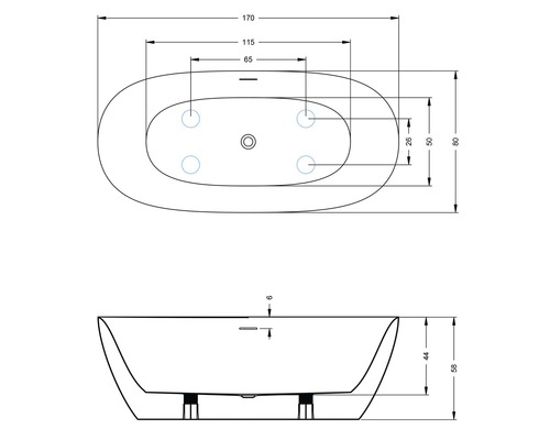 Technický nákres vane s rozmermi