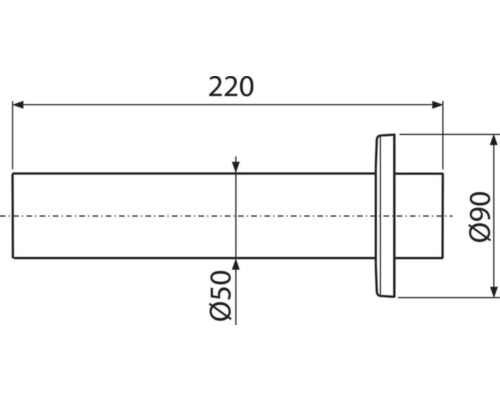 Technický nákres kúpeľňového doplnku s rozmermi: dĺžka 220 mm, priemer 50 mm a 90 mm.