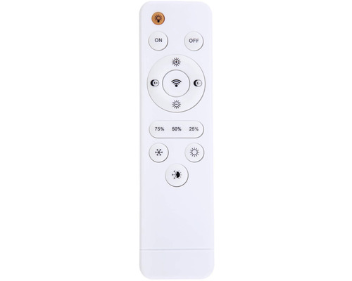 Biele diaľkové ovládanie s rôznymi tlačidlami na ovládanie osvetlenia