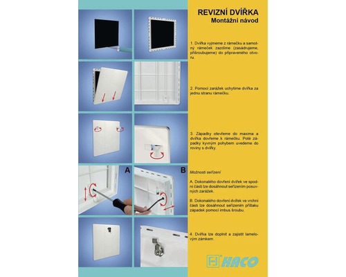 Montážny návod pre revízne dvierka s ilustráciami krok za krokom.