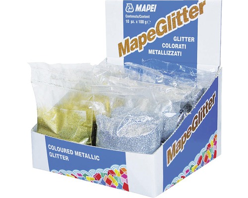 Metalické trblietky Mapei Mapeglitter zlaté 0,1 kg Mapei MapeGlitter prezentačný box s 10 baleniami trblietok