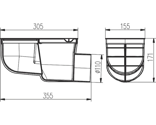 Technický nákres žľabovej vpuste s rozmermi