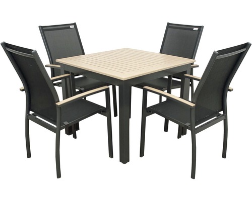 Záhradná jedálenská zostava so štvorcovým stolom a štyrmi stoličkami