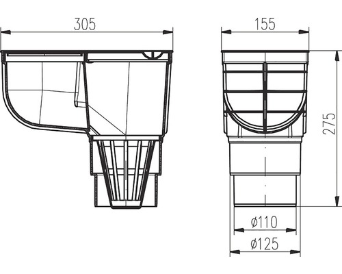 Technický nákres žľabovej vpusť s rozmermi