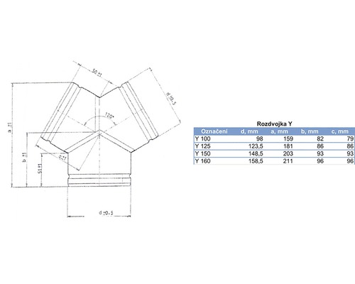 Technický nákres Y-kusa s rozmermi v milimetroch