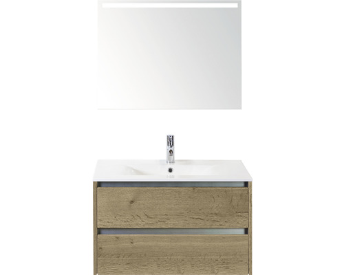 Kúpeľňový nábytkový set Sanox Dante farba čela dub prírodný ŠxVxH 81 x 170 x 46 cm s keramickým umývadlom a zrkadlom s LED osvetlením