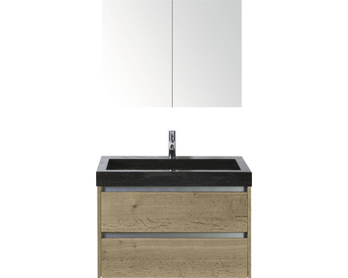 Kúpeľňový nábytkový set Sanox Dante farba čela dub prírodný ŠxVxH 81 x 170 x 45,5 cm s umývadlom z prírodného kameňa a zrkadlovou skrinkou