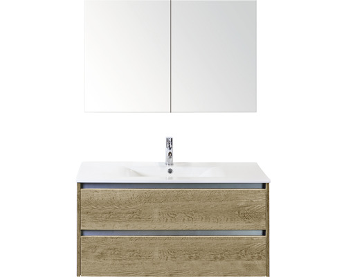 Kúpeľňový nábytkový set Sanox Dante farba čela dub prírodný ŠxVxH 101 x 170 x 46 cm s keramickým umývadlom a zrkadlovou skrinkou