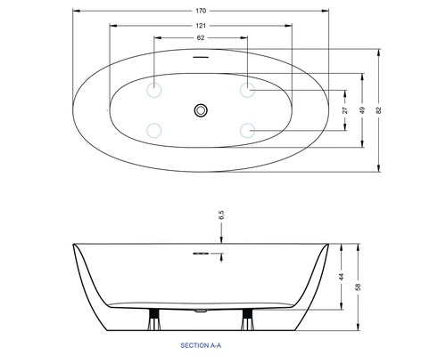 Technický nákres voľne stojacej vane s rozmermi