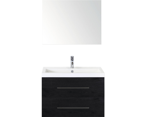 Kúpeľňový nábytkový set Sanox Straight farba čela black oak ŠxVxH 80 x 170 x 40 cm s umývadlom z minerálnej liatiny a zrkadlom Umývadlo so zrkadlom, dvoma zásuvkami a batériou