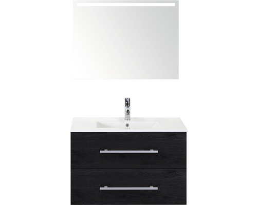 Kúpeľňový nábytkový set Sanox Stretto farba čela black oak ŠxVxH 81 x 170 x 39 cm s keramickým umývadlom a zrkadlom s LED osvetlením Umývadlo s umývadlovou skrinkou a osvetleným zrkadlom do kúpeľne