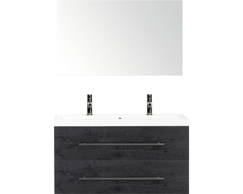 Kúpeľňový nábytkový set Sanox Straight farba čela black oak ŠxVxH 100 x 170 x 40 cm s dvojitým umývadlom z minerálnej liatiny a zrkadlom