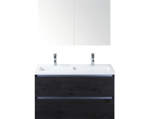 Kúpeľňový nábytkový set Sanox Vogue farba čela black oak ŠxVxH 101 x 170 x 41 cm s keramickým dvojitým umývadlom a zrkadlovou skrinkou Kúpeľňový nábytkový set Sanox Vogue farba čela black oak ŠxVxH 101 x 170 x 41 cm s keramickým dvojitým umývadlom a zrkadlovou skrinkou