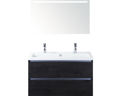 Kúpeľňový nábytkový set Sanox Vogue farba čela black oak ŠxVxH 101 x 170 x 41 cm s keramickým dvojitým umývadlom a zrkadlom s LED osvetlením Kúpeľňový nábytkový set Sanox Vogue farba čela black oak ŠxVxH 101 x 170 x 41 cm s keramickým dvojitým umývadlom a zrkadlom s LED osvetlením