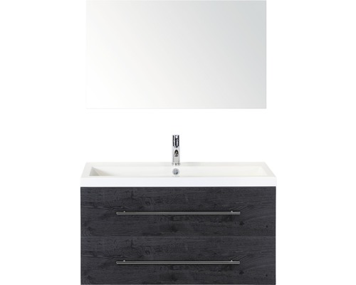 Kúpeľňový nábytkový set Sanox Straight farba čela black oak ŠxVxH 100 x 170 x 40 cm s umývadlom z minerálnej liatiny a zrkadlom Umývadlo so zrkadlom, spodnou skrinkou a dvoma zásuvkami
