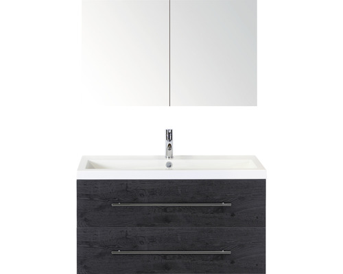 Kúpeľňový nábytkový set Sanox Straight farba čela black oak ŠxVxH 100 x 170 x 40 cm s umývadlom z minerálnej liatiny a zrkadlovou skrinkou Umývadlo so skrinkou, umývadlová batéria a zrkadlová skrinka