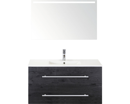 Kúpeľňový nábytkový set Sanox Stretto farba čela black oak ŠxVxH 101 x 170 x 39 cm s keramickým umývadlom a zrkadlom s LED osvetlením