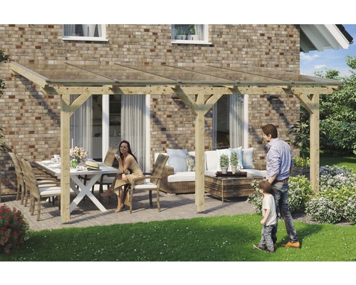 Zastrešenie terasy SKAN HOLZ Andria 541 x 400 cm, neošetrený lepený lamelový drevo Zastrešená terasa s drevenými trámami, posedením a rodinou