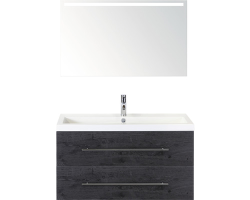 Kúpeľňový nábytkový set Sanox Straight farba čela black oak ŠxVxH 100 x 170 x 40 cm s umývadlom z minerálnej liatiny a zrkadlom s LED osvetlením Skrinka pod umývadlo s dvomi zásuvkami, umývadlom a zrkadlom s osvetlením