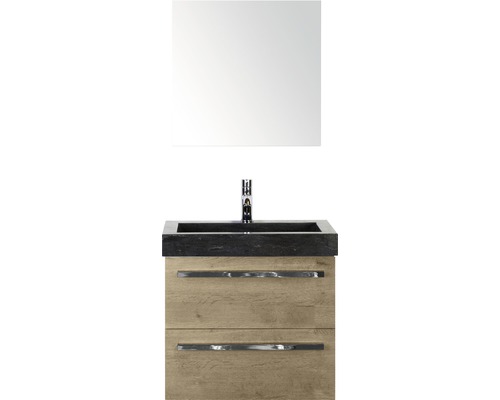 Kúpeľňová zostava Sanox Seville prírodný kameň zrkadlo 60 cm dub svetlý Kúpeľňový set so zrkadlom, umývadlom a spodnou skrinkou s dvoma zásuvkami
