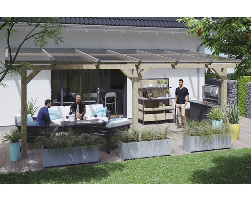 Zastrešenie terasy SKAN HOLZ Andria 648 x 400 cm, neošetrené lepené lamelové drevo Zastrešená terasa s posedením, grilom a osadením