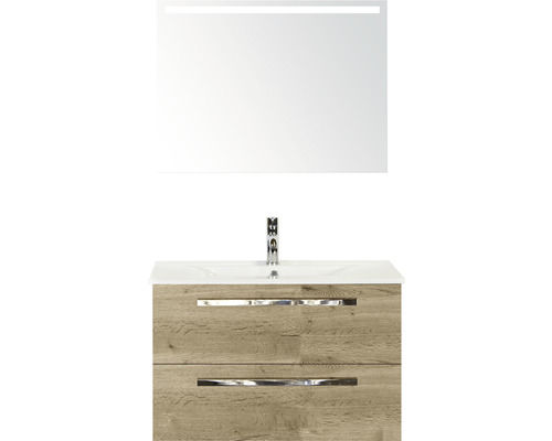 Kúpeľňová zostava Sanox Seville keramika zrkadlo 80 cm dub svetlý s LED Skrinka pod umývadlo s dvoma zásuvkami, umývadlom a osvetleným zrkadlom