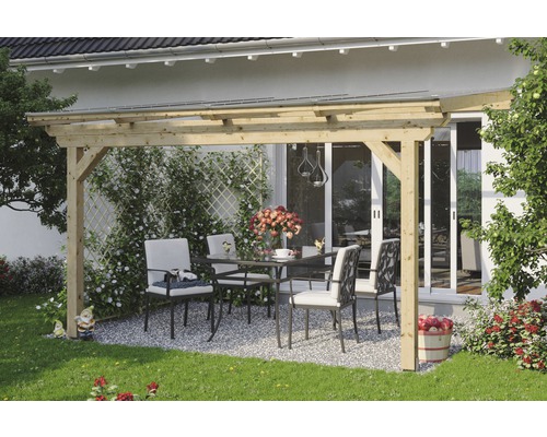 Zastrešenie terasy SKAN HOLZ Ancona 434 x 250 cm, neošetrené lepené lamelové drevo Drevené terasové zastrešenie so stolom a stoličkami v záhrade