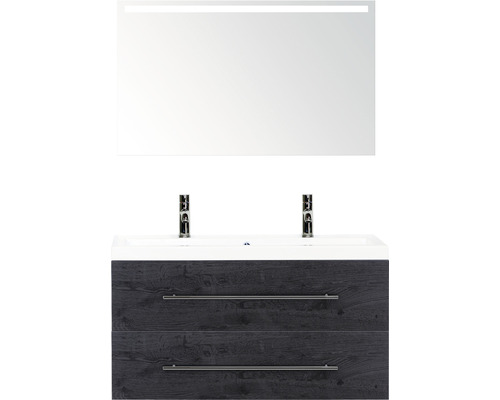 Kúpeľňový nábytkový set Sanox Straight farba čela black oak ŠxVxH 100 x 170 x 40 cm s dvojitým umývadlom z minerálnej liatiny a zrkadlom s LED osvetlením Skrinka pod umývadlo s dvomi zásuvkami, umývadlom na dosku a LED zrkadlom