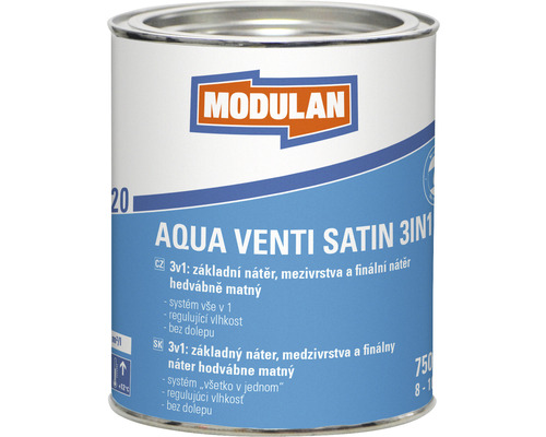 3v1 základný náter, medzivrstva a finálny náter hodvábne matný Modulan Aqua Venti Satin 3in1 RAL9016 Dopravná biela 750 ml