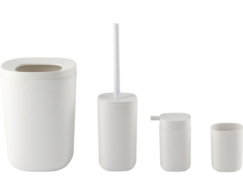 Kúpeľňová súprava pozostávajúca z odpadkového koša, WC súpravy, dávkovača mydla a pohára na zubné kefky