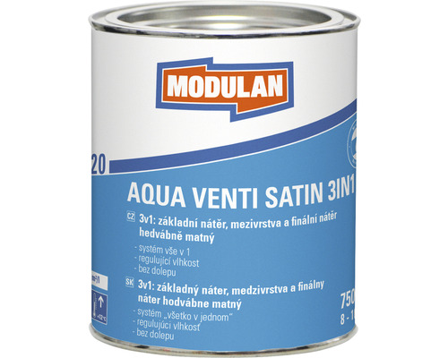 3v1 základný náter, medzivrstva a finálny náter hodvábne matný Modulan Aqua Venti Satin 3in1 RAL9010 Biela 750 ml