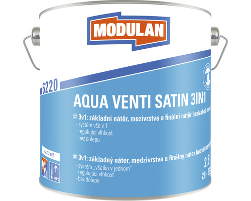 3v1 základný náter, medzivrstva a finálny náter hodvábne matný Modulan Aqua Venti Satin 3in1 RAL9016 Dopravná biela 2,5 l