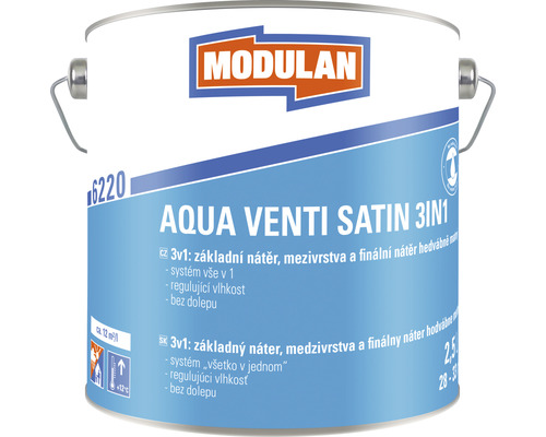 3v1 základný náter, medzivrstva a finálny náter hodvábne matný Modulan Aqua Venti Satin 3in1 Biela 2,5 l